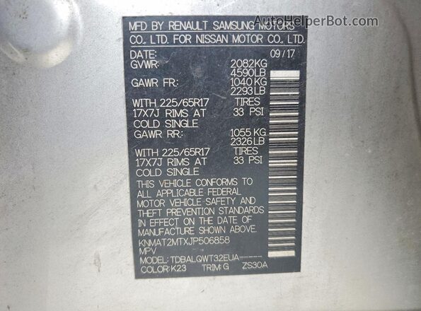 KNMAT2MTXJP506858 2018 NISSAN ROGUE Silver VIN sticker view