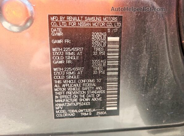 KNMAT2MTXJP524101 2018 NISSAN ROGUE Charcoal Vista de la etiqueta del VIN
