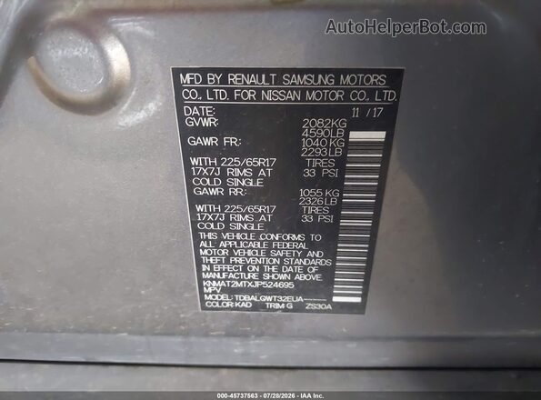 KNMAT2MTXJP524695 2018 NISSAN ROGUE Gray Շարժիչի բաժամունքի տեսք