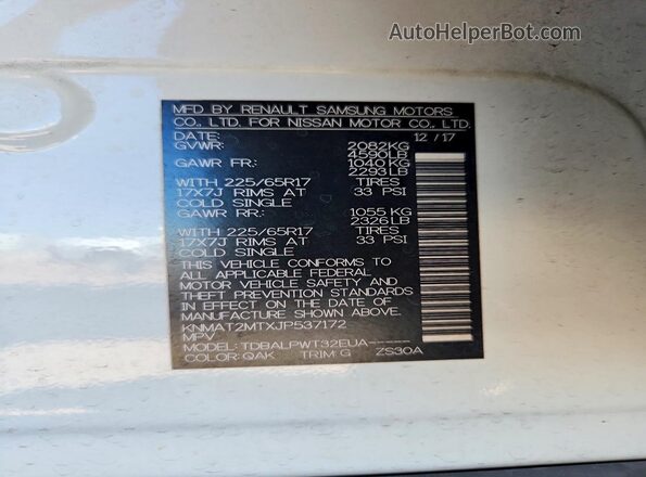 KNMAT2MTXJP537172 2018 NISSAN ROGUE Белый Вид наклейки с VIN-кодом