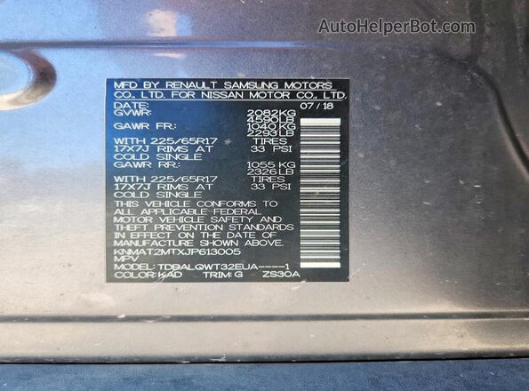 KNMAT2MTXJP613005 2018 NISSAN ROGUE Gray VIN sticker view