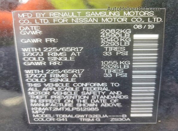 KNMAT2MTXLP512985 2020 NISSAN ROGUE Black Widok naklejki z numerem VIN