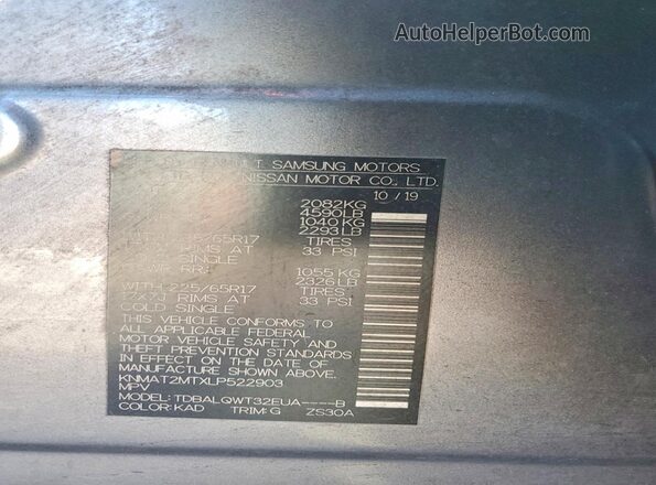 KNMAT2MTXLP522903 2020 NISSAN ROGUE Gray Вид наклейки з VIN-кодом