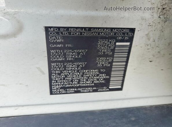 KNMAT2MV0GP593454 2016 NISSAN ROGUE White Widok naklejki z numerem VIN
