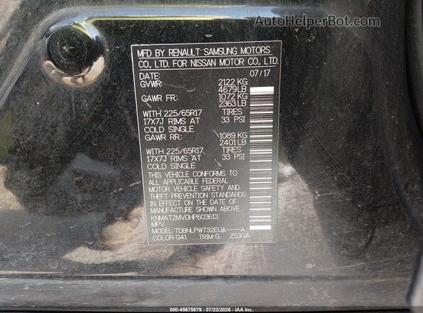 KNMAT2MV0HP603613 2017 NISSAN ROGUE Black ძრავის განყოფილების ხედი