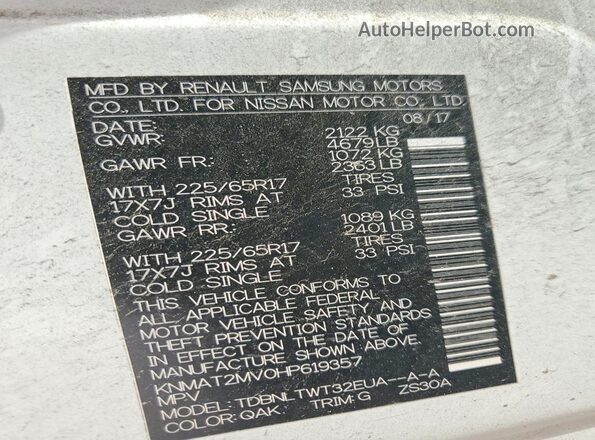 KNMAT2MV0HP619357 2017 NISSAN ROGUE White VIN კოდის სტიკერის ხედი