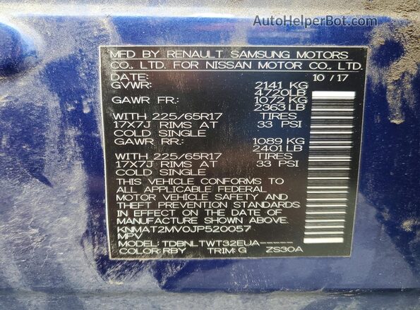 KNMAT2MV0JP520057 2018 NISSAN ROGUE Blue Widok komory silnika