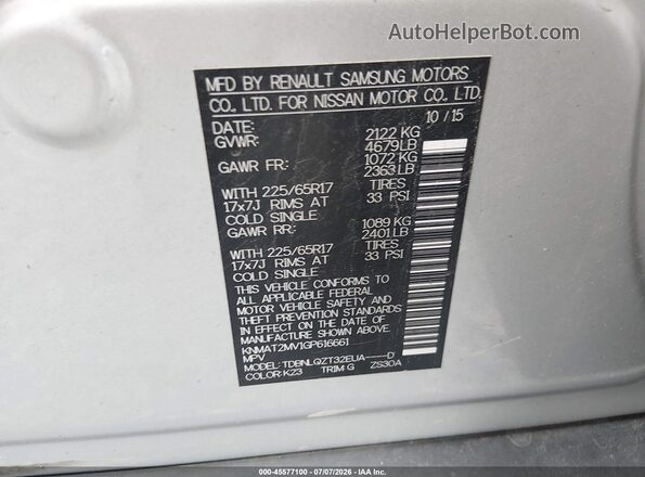 KNMAT2MV1GP616661 2016 NISSAN ROGUE Silver Շարժիչի բաժամունքի տեսք