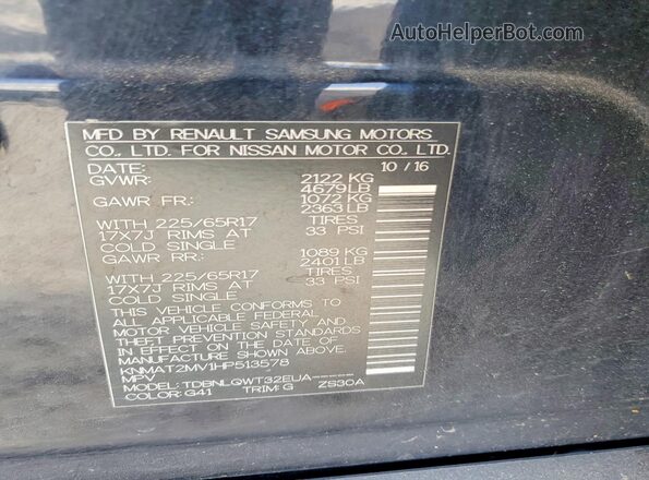 KNMAT2MV1HP513578 2017 NISSAN ROGUE Black Widok naklejki z numerem VIN