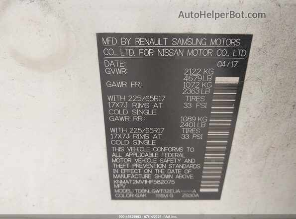 KNMAT2MV1HP582075 2017 NISSAN ROGUE White Vista del compartimento del motor