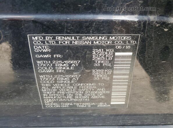 KNMAT2MV1JP603741 2018 NISSAN ROGUE Black VIN კოდის სტიკერის ხედი