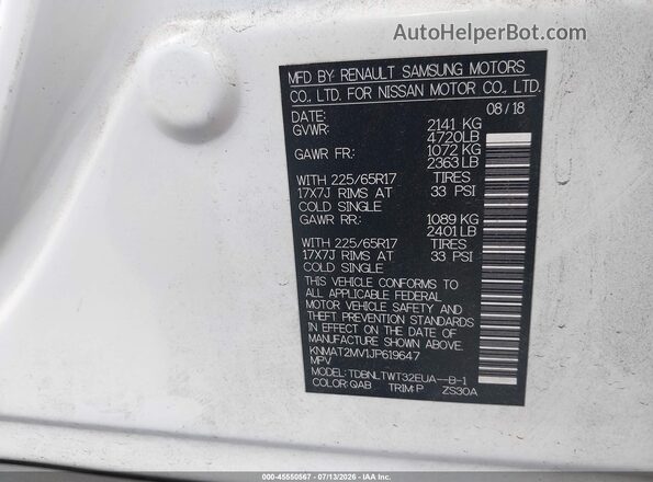 KNMAT2MV1JP619647 2018 NISSAN ROGUE White Engine compartment view