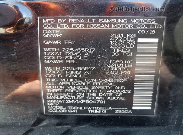 KNMAT2MV1KP504791 2019 NISSAN ROGUE Black VIN կոդի պիտակի տեսք