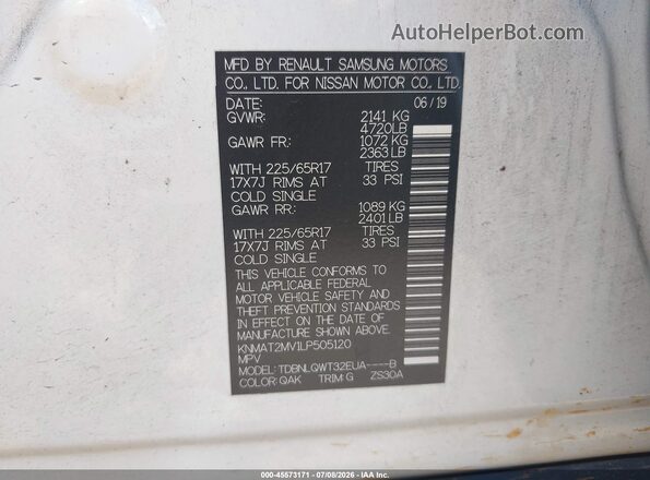 KNMAT2MV1LP505120 2020 NISSAN ROGUE White Widok komory silnika