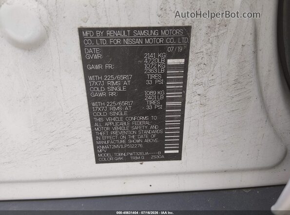 KNMAT2MV1LP512276 2020 NISSAN ROGUE White Շարժիչի բաժամունքի տեսք