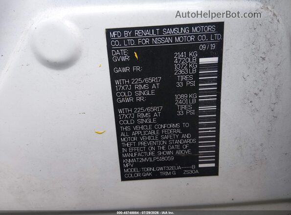 KNMAT2MV1LP518059 2020 NISSAN ROGUE Белый Вид подкапотного пространства
