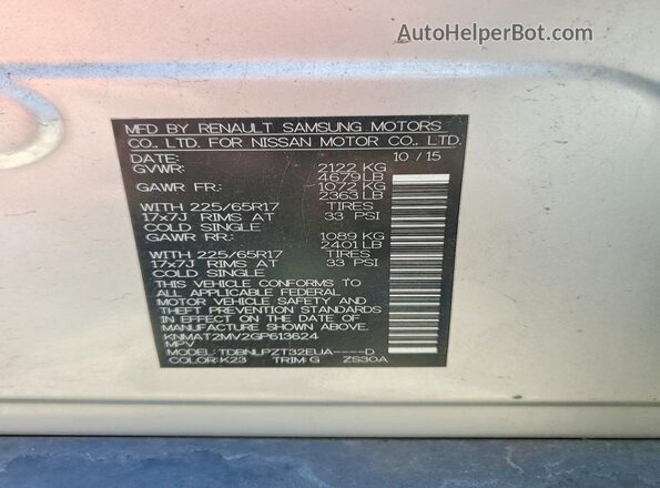 KNMAT2MV2GP613624 2016 NISSAN ROGUE Gray Vista de la etiqueta del VIN