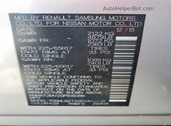KNMAT2MV2GP631086 2016 NISSAN ROGUE Silver Widok naklejki z numerem VIN