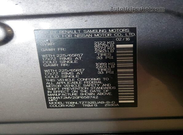 KNMAT2MV2GP658742 2016 NISSAN ROGUE Gray Vista de la etiqueta del VIN