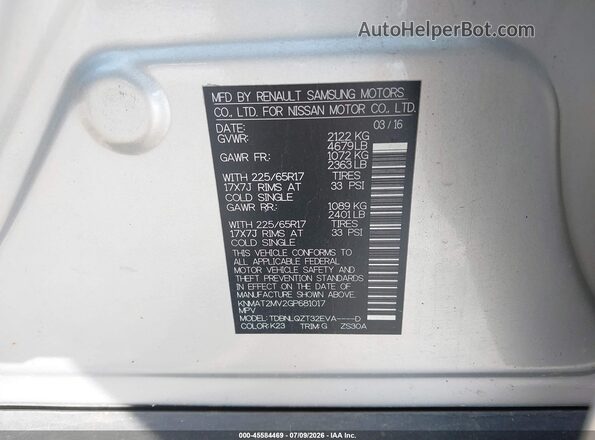 KNMAT2MV2GP681017 2016 NISSAN ROGUE Silver Widok komory silnika