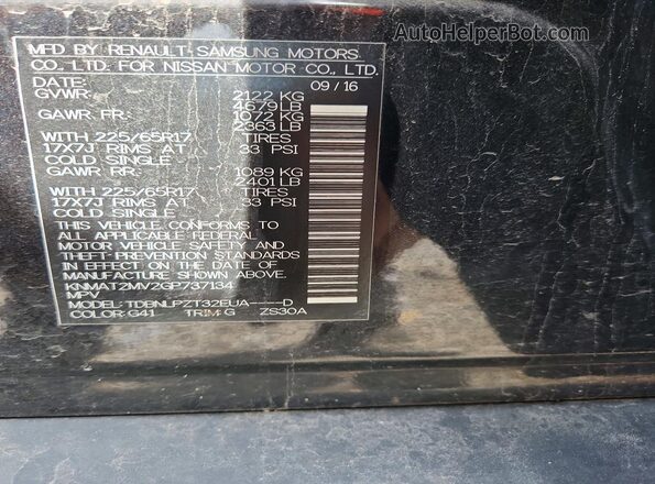 KNMAT2MV2GP737134 2016 NISSAN ROGUE Black Widok naklejki z numerem VIN
