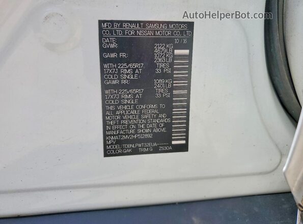 KNMAT2MV2HP512892 2017 NISSAN ROGUE White Vista de la etiqueta del VIN