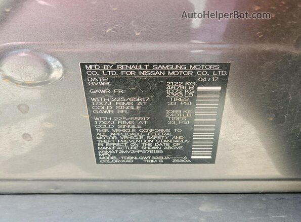 KNMAT2MV2HP578195 2017 NISSAN ROGUE Gray VIN კოდის სტიკერის ხედი