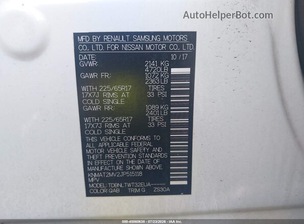 KNMAT2MV2JP515118 2018 NISSAN ROGUE White Շարժիչի բաժամունքի տեսք
