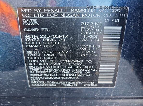 KNMAT2MV3GP632537 2016 NISSAN ROGUE Blue VIN կոդի պիտակի տեսք