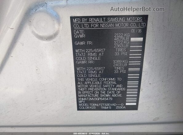 KNMAT2MV3GP645479 2016 NISSAN ROGUE Silver Շարժիչի բաժամունքի տեսք