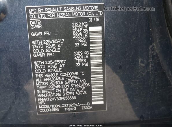 KNMAT2MV3GP653386 2016 NISSAN ROGUE Blue Widok komory silnika