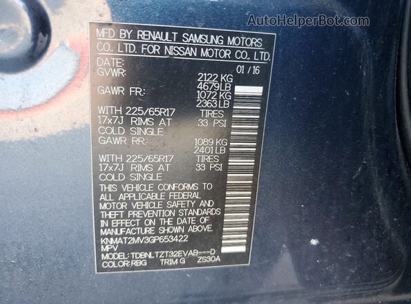 KNMAT2MV3GP653422 2016 NISSAN ROGUE Blue Widok naklejki z numerem VIN