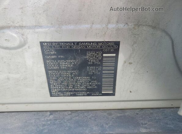 KNMAT2MV3GP681530 2016 NISSAN ROGUE Silver Vista de la etiqueta del VIN