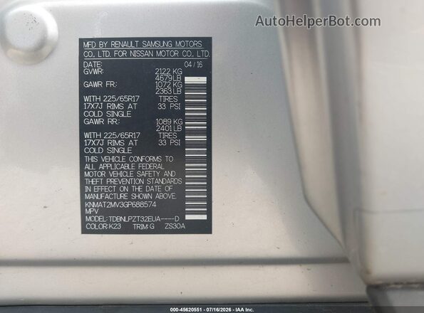KNMAT2MV3GP688574 2016 NISSAN ROGUE Silver Вид підкапотного простору