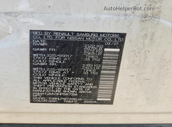 KNMAT2MV3HP567318 2017 NISSAN ROGUE White Vista de la etiqueta del VIN