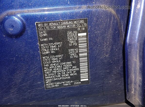 KNMAT2MV3JP552436 2018 NISSAN ROGUE Blue Շարժիչի բաժամունքի տեսք