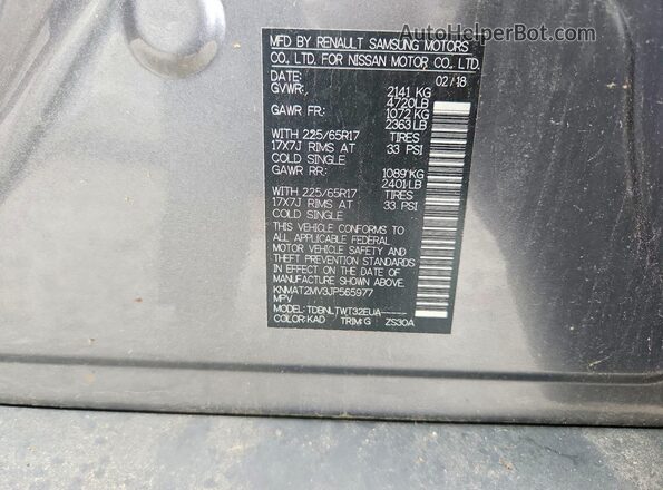 KNMAT2MV3JP565977 2018 NISSAN ROGUE Gray VIN კოდის სტიკერის ხედი