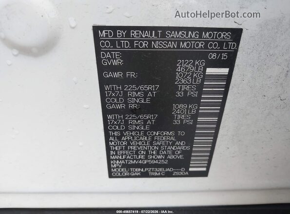KNMAT2MV4GP594252 2016 NISSAN ROGUE White Vista del compartimento del motor