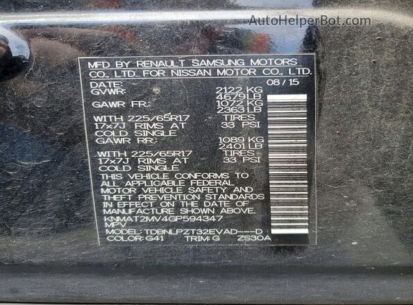 KNMAT2MV4GP594347 2016 NISSAN ROGUE Black Vista de la etiqueta del VIN