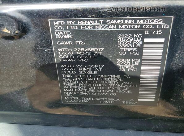 KNMAT2MV4GP622566 2016 NISSAN ROGUE Black VIN sticker view