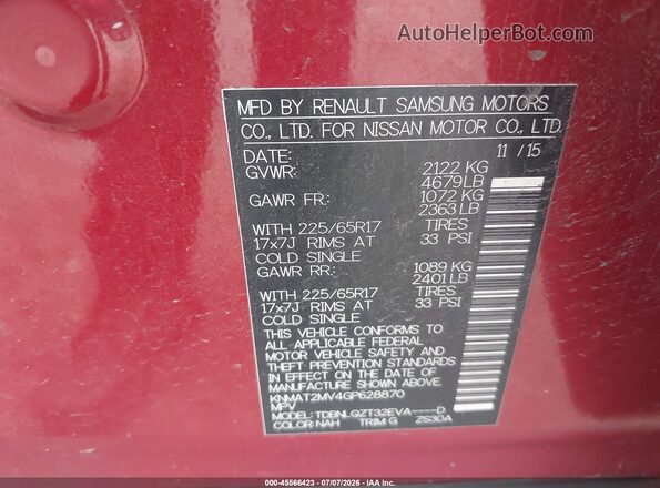 KNMAT2MV4GP628870 2016 NISSAN ROGUE Red Vista del compartimento del motor