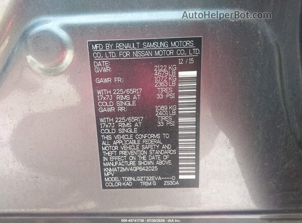 KNMAT2MV4GP642025 2016 NISSAN ROGUE Gray Vista del compartimento del motor