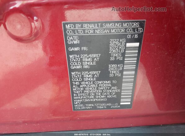 KNMAT2MV4GP649413 2016 NISSAN ROGUE Maroon Vista del compartimento del motor
