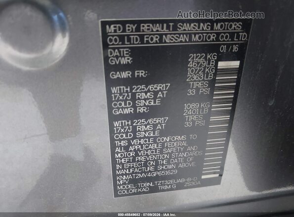 KNMAT2MV4GP651629 2016 NISSAN ROGUE Gray Widok komory silnika