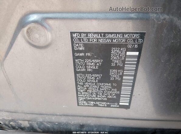 KNMAT2MV4GP667135 2016 NISSAN ROGUE Silver Շարժիչի բաժամունքի տեսք