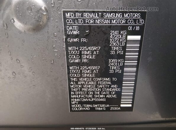 KNMAT2MV4JP559461 2018 NISSAN ROGUE Gray Vista del compartimento del motor