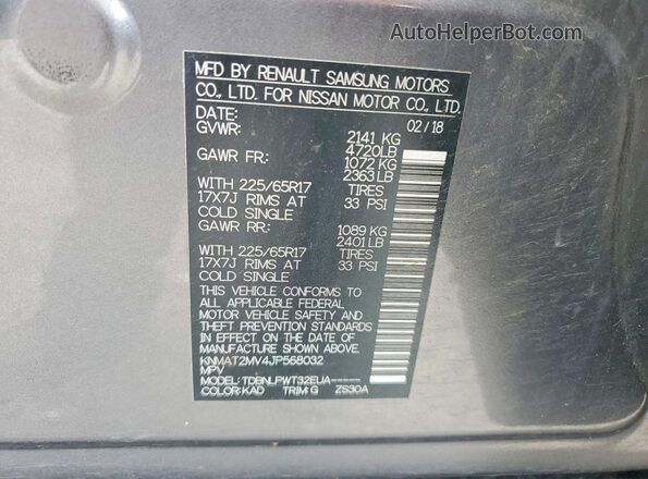 KNMAT2MV4JP568032 2018 NISSAN ROGUE Gray VIN sticker view
