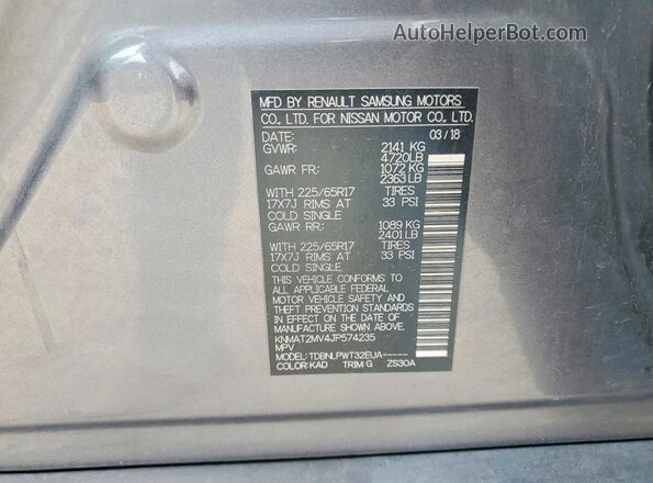 KNMAT2MV4JP574235 2018 NISSAN ROGUE Gray Вид підкапотного простору