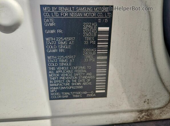 KNMAT2MV5GP623998 2016 NISSAN ROGUE Белый Вид наклейки с VIN-кодом