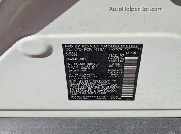 KNMAT2MV5GP644169 2016 NISSAN ROGUE White VIN sticker view